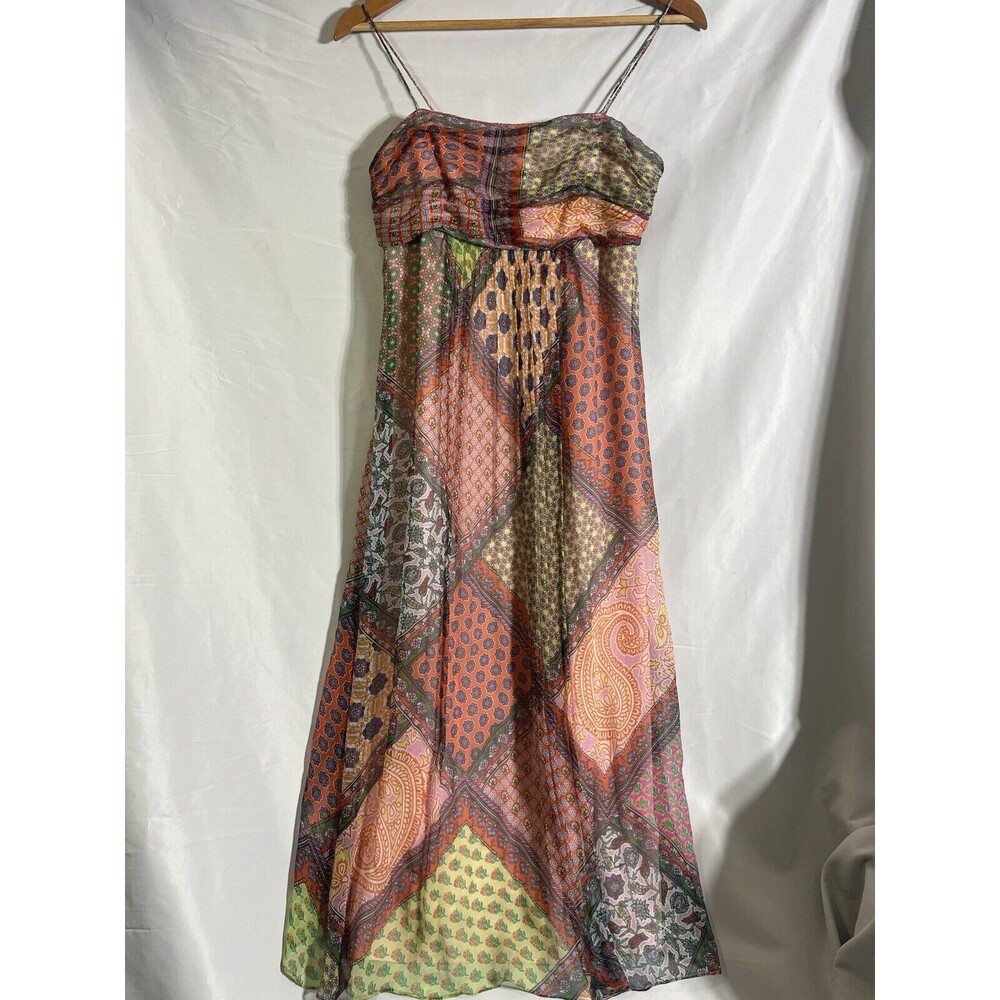 Worth New York 100% Silk Midi Dress Colorful Patchwork Boho Festival Size 4